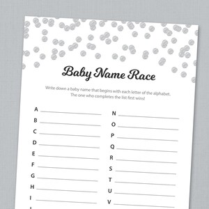 Baby Name Race Game Printable, Silver Confetti Baby Shower Games & Activities, A-Z Baby Names, Alphabet Baby Names, Instant Download, B016