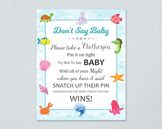 Don't Say Baby Game Printable, Dont Say Baby Sign, Under the Sea Theme,  Baby Shower, Underwater, Ocean Fish, Clothespin Game Download, B006