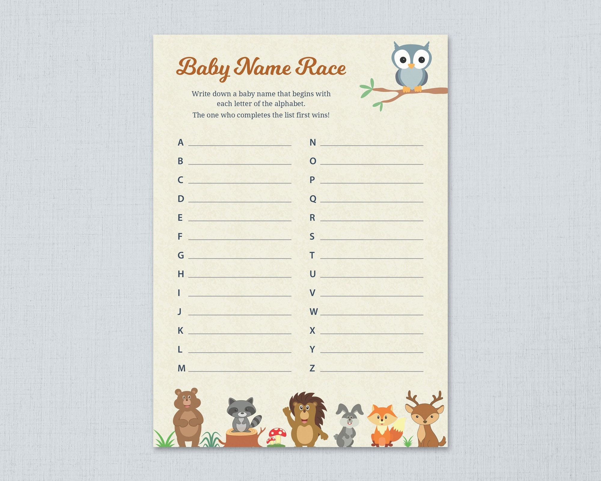 Baby Name Race Game Printable, Woodland Theme Baby Shower Games