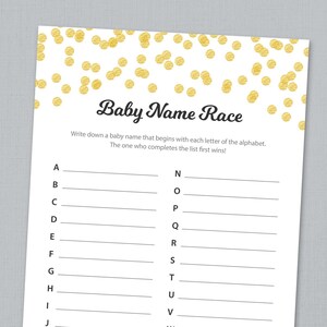 Baby Name Race Game Printable, Gold Confetti Baby Shower Games & Activities, A-Z Baby Names, Alphabet Baby Names, Instant Download, B001
