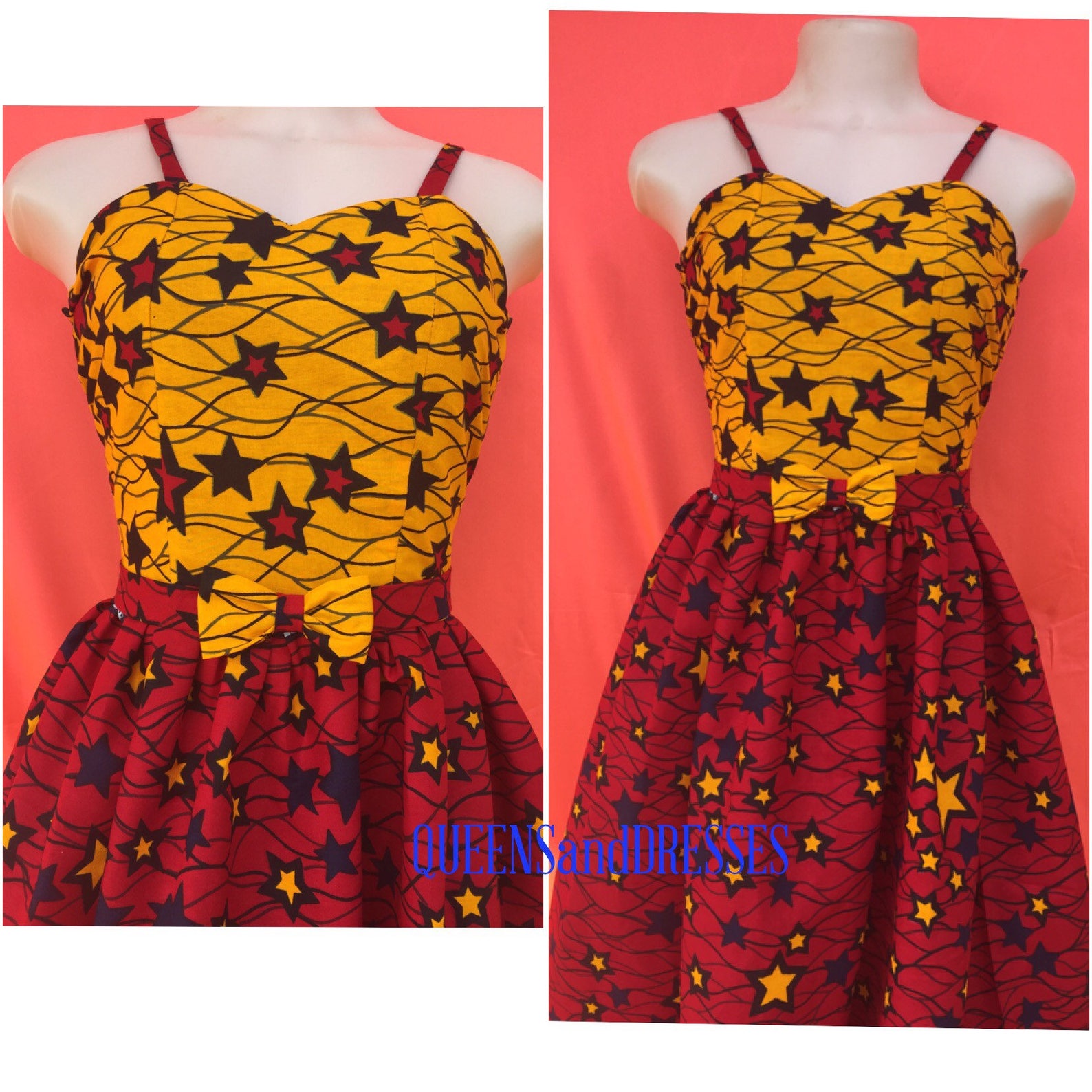 Ankara Dress. Spaghetti Strap Red and Yellow Floor Length Etsy