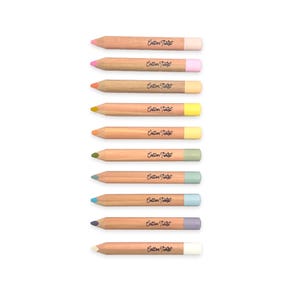 May include: Ten wooden pencils with pastel-coloured tips, each bearing the words "Cotton Twist" in black script. The pencils are arranged vertically against a white backdrop, displaying a spectrum of soft colours. The pencils are made of wood.
