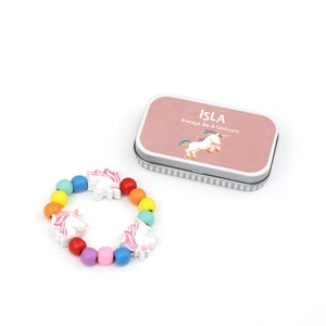 Personalised Unicorn Bracelet Gift Kit Kids Beading Tin Wooden Bracelet Making Kit image 3