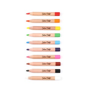 May include: A collection of ten colored pencils with natural wood barrels and brightly colored tips. Each pencil has the text "Cotton Twist" printed on the side. The tips are red, orange, yellow, green, blue, purple, pink, brown, black, and white.