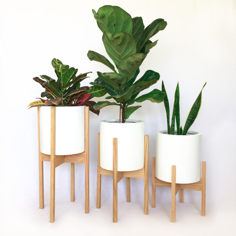 Set of Three Mid Century Modern Plant Stands in Oak Wood
