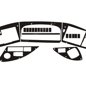 May include: Black and white dashboard kit for a car. The kit includes a centre console, a gauge cluster, and two side panels.