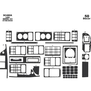 Könnte beinhalten: Ein Schwarzweißdiagramm, das 23 verschiedene Teile aus Carbonfaser-Vinyl für einen Scania LKW Serie 3/4 zeigt. Die Vinylteile sind von 1 bis 23 und von 47 bis 50 nummeriert. Der Text "50 Decor" befindet sich in der oberen rechten Ecke des Diagramms.