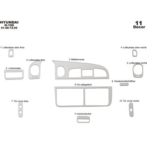 Może przedstawiać: Zestaw 11 srebrnych elementów wykończenia wnętrza samochodu do Hyundai H-100. Elementy są ponumerowane i oznaczone niemieckimi nazwami części, które pokrywają, np. "Luftauslass oben links" (kratka wentylacyjna górna lewa) i "Tür vorne links" (przednie drzwi lewe).