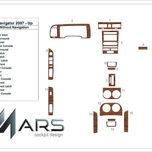 Peut inclure: Kit complet de garnitures intérieures pour Lincoln Navigator 2007 et plus, sans navigation. Pièces imitation bois pour tableau de bord, portes et console centrale. Logo Mars Cockpit Design en bas à gauche.