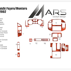 May include: A wood grain interior trim kit for a 2001-2002 Mitsubishi Pajero/Montero by Mars Cockpit Design. The set includes 18 numbered adhesive dashboard and console panels, including vents, speedometer, shifter, and door console surrounds.