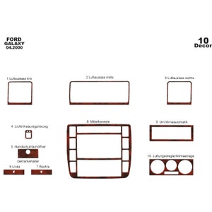 May include: A set of 10 woodgrain car interior trim pieces for a Ford Galaxy, 04.2000. The pieces are labelled with numbers and German text describing their location in the car.