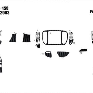 Könnte beinhalten: Diagramm mit 19 Teilen aus Carbon-Vinyl für einen Ford F-150, 1999-2003. Die Teile sind nummeriert und umfassen Armaturenbrett, Türverkleidungen und andere Innenverkleidungen.