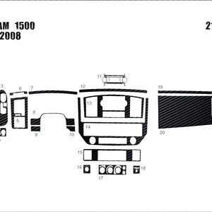 May include: A 21-piece black carbon fiber interior trim kit for a 2006-2008 Dodge Ram 1500. The diagram displays various dashboard, door panel, and console components labeled with numbers 1 through 21, showing the layout for vehicle customization.