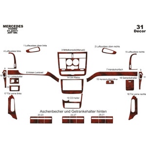 Könnte beinhalten: Ein Diagramm eines Mercedes Viano Innenausstattungssatzes. Das Set enthält verschiedene Holzelemente für Armaturenbrett, Konsole und Türverkleidungen. Die Teile sind mit Nummern und deutschem Text beschriftet, darunter "Lichtschalter" und "Um Radio."