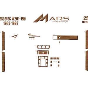 以下が含まれることがあります： メルセデスW201-190（1983-1993年）用の木目調の車内トリムピース25個セット。ピースは1から25まで番号が付けられており、さまざまな形とサイズがあります。