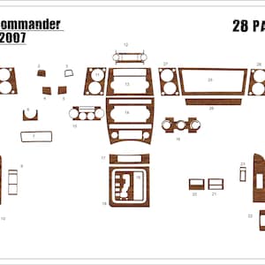 May include: A set of 28 wooden interior trim pieces for a Jeep Commander model from 2006-2007. The pieces are various shapes and sizes, designed to fit different areas of the vehicle's dashboard and console. The text "Jeep Commander 2006-2007" and "28 PARÇA" are visible.