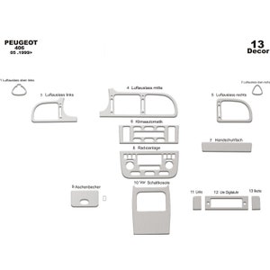 May include: A set of 13 silver car interior trim pieces for a Peugeot 406, 05.1999>. The pieces include a centre console, air vents, and a glove box.