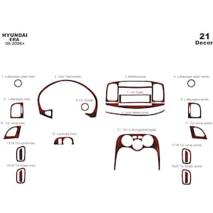 Könnte beinhalten: Ein Diagramm, das 21 verschiedene Holzmaserung-Auto-Innenausstattungsteile für einen Hyundai Era Modelljahr 2006 zeigt. Die Teile sind mit Nummern und Beschreibungen in Deutsch beschriftet.