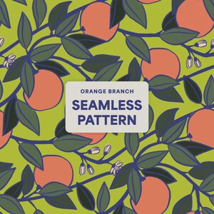 Könnte beinhalten: Nahtloses Muster mit Orangenästen mit Orangen, grünen Blättern und weißen Blüten auf einem limettengrünen Hintergrund. Der Text "ORANGE BRANCH SEAMLESS PATTERN" wird auf einem weißen Rechteck angezeigt.