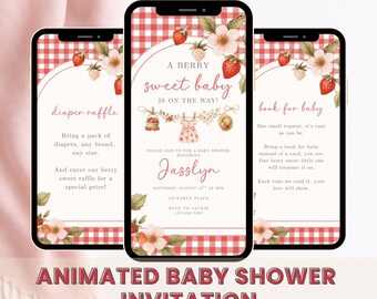 Animated Strawberry Baby Shower E-vite, Canva Template (Digital Download)