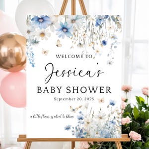 Blaue Wildblume Baby in Blüte Willkommensschild Vorlage Floral Baby Girl Shower Decor Digitale Willkommensschild Vorlage Bearbeitbare Canva Vorlage