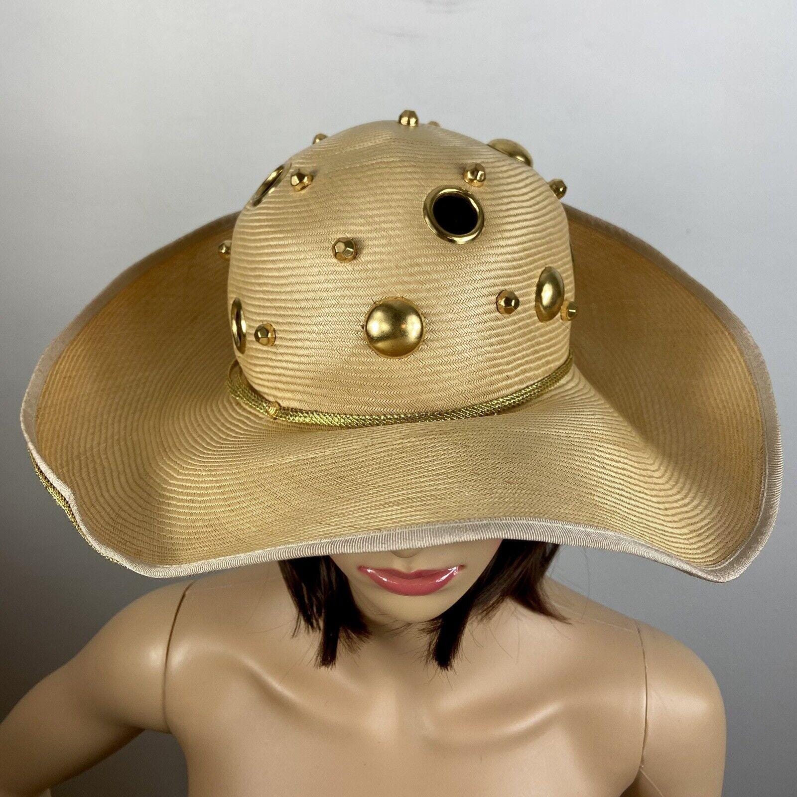 Oscar De La Renta Natural Straw Wide Brim Hat W/ Gold  display picture 1