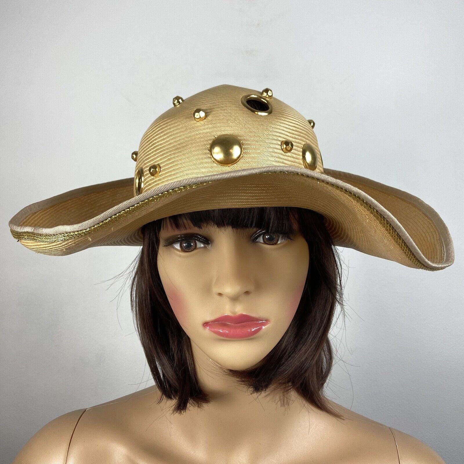 Oscar De La Renta Natural Straw Wide Brim Hat W/ Gold  display picture 3