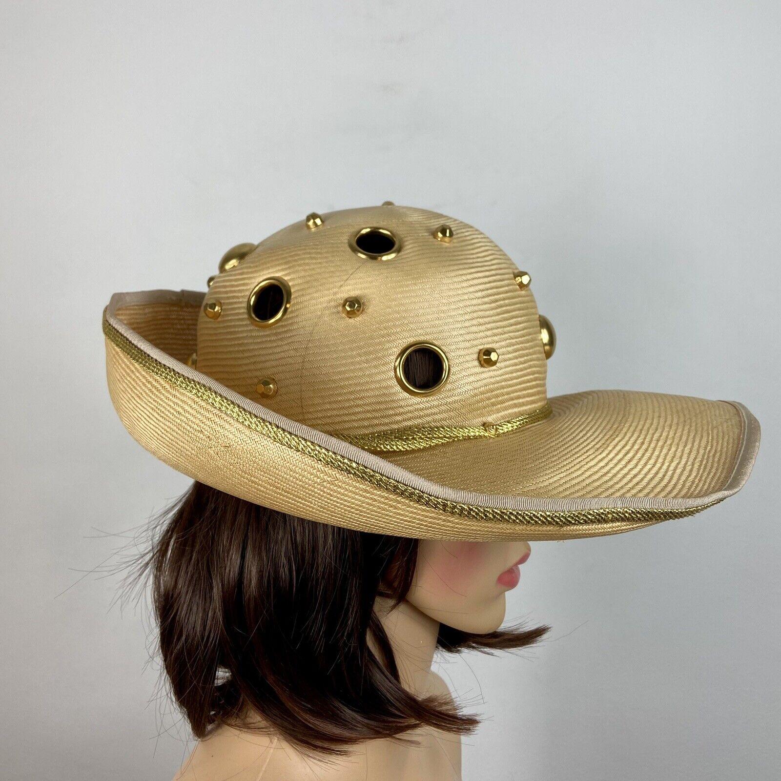 Oscar De La Renta Natural Straw Wide Brim Hat W/ Gold  display picture 3