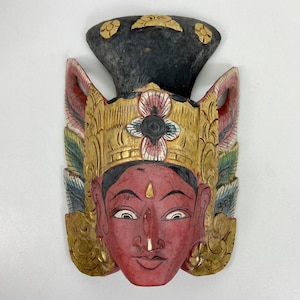 Masque de déesse en bois peint sculpté 13" VTG à accrocher au mur, art folklorique, visage rouge, or