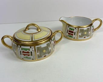 Jarra para crema y azucarero con tapa Selb Bavaria Heinrich and Co., diseño geométrico dorado