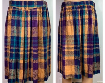 Vtg Christian Dior Pleated Skirt w/ Pockets Plaid Paisley Jacquard 31” Waist