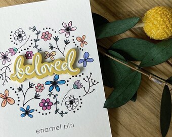 Beloved enamel pin, satin gold and white enamel pin badge