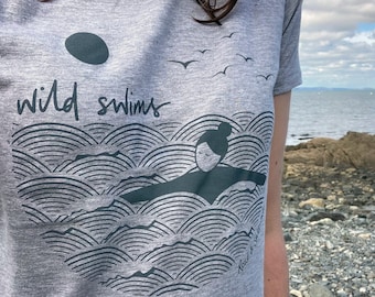 Grey, organic cotton, hand screen printed wild swimming women's t-shirt