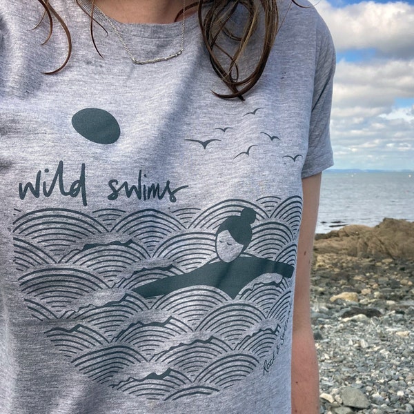 Grey, organic cotton, hand screen printed wild swimming women's t-shirt