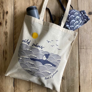 Wild swims screen printed cotton tote bag, reusable shopping bag image 3
