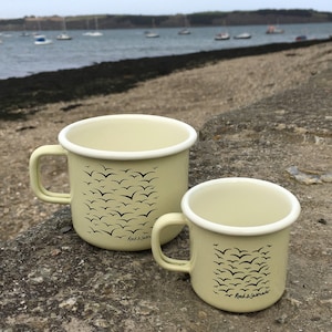 Enamel espresso mugs – clotted cream, large laser etched seagulls – perfect camping mug or gift.