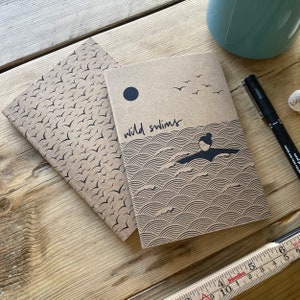 Wild swims and seagulls – set of 2 A6 notebooks / sketchbooks made from recycled paper – perfect gift, swim journal, illustrated present