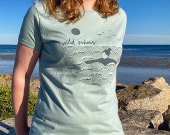 Green, organic cotton, hand screen printed wild swimming women's t-shirt