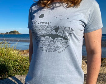 Blue, organic cotton, hand screen printed wild swimming women's t-shirt