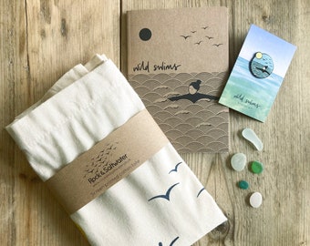 Gift bundle: wild swims enamel pin badge, A6 notebook and screen printed tote bag set