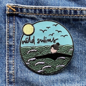Wild swims embroidered badge, iron on patch, sew on patch