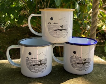 Wild swimming enamel mug – perfect post-swim mug, camping mug or gift – yellow, blue or grey rim