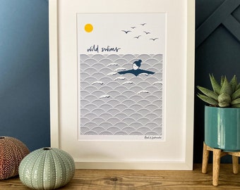 Wild swims art print, unframed, A5 and A4 sizes available, wild swimming print