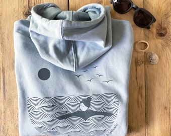 Blue, organic cotton, screen printed, wild swimming women's hoodie