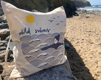 Wild swims screen printed cotton tote bag, reusable shopping bag