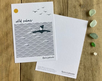 Pack of 8 'wild swims' notecards and envelopes, hand lettered illustrated postcards