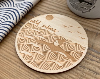 Wild swimming coaster, laser cut and etched birch plywood