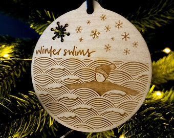 Winter wild swims Christmas bauble, laser cut and etched birch ply decoration, handmade, personalised option
