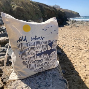 Wild swims screen printed cotton tote bag, reusable shopping bag image 1