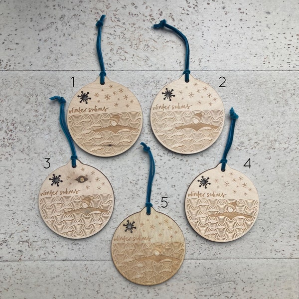 Slight seconds winter wild swims Christmas bauble, laser cut and etched birch ply decoration, handmade, personalised option